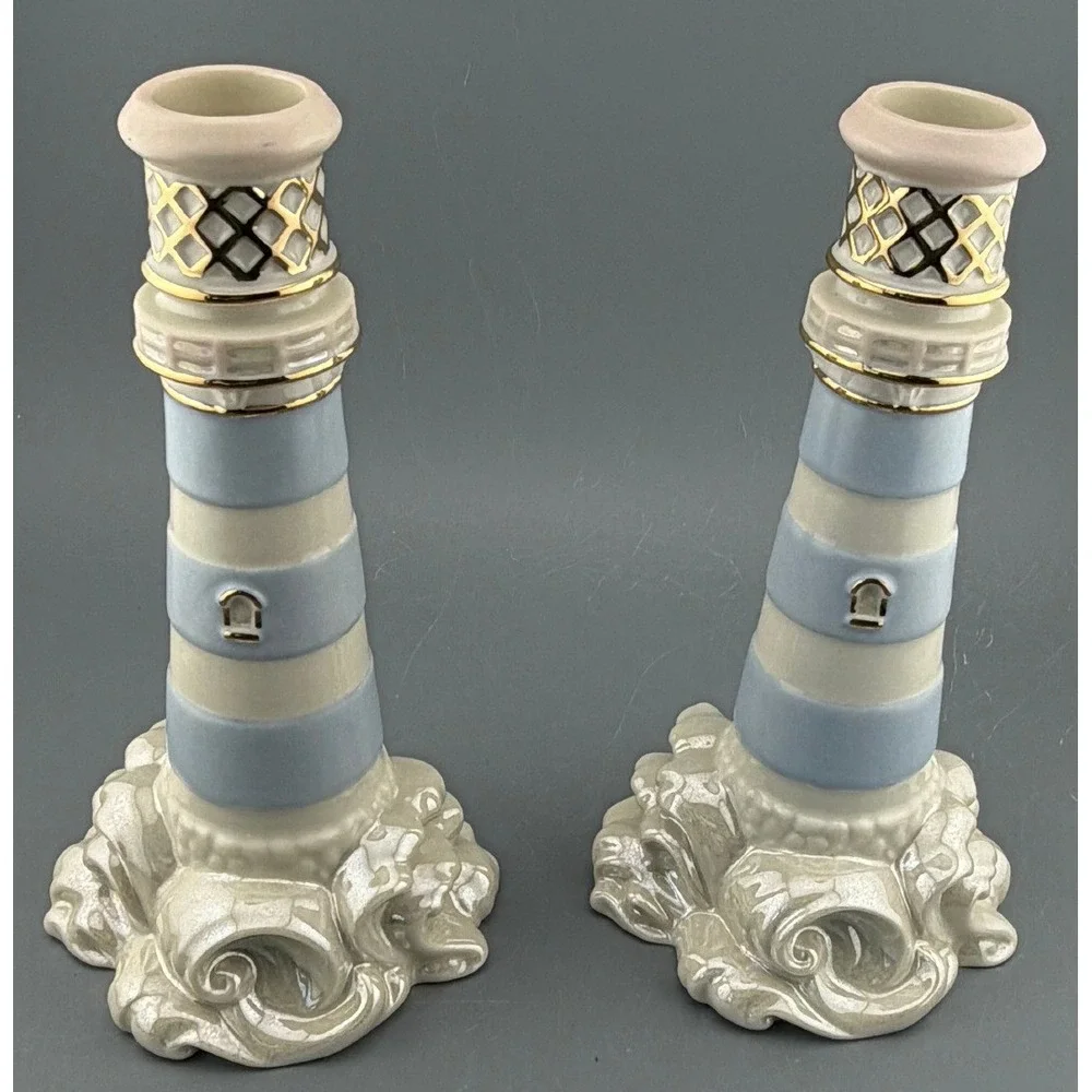 Lenox Seaside Lighthouse Candlesticks Pair 2003 Coastal Nautical Decor 7